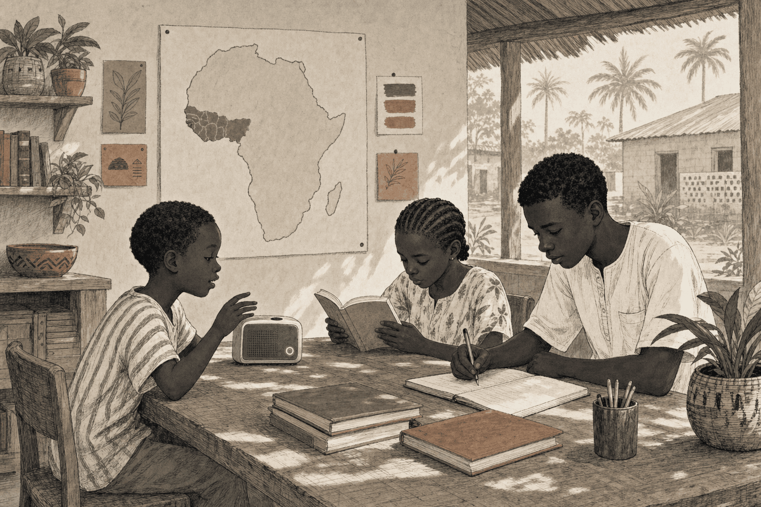 Etched illustration of students learning at their own pace in a West African autonomous learning space, with books, a small AI tutor device, and a map of Africa on the wall.
