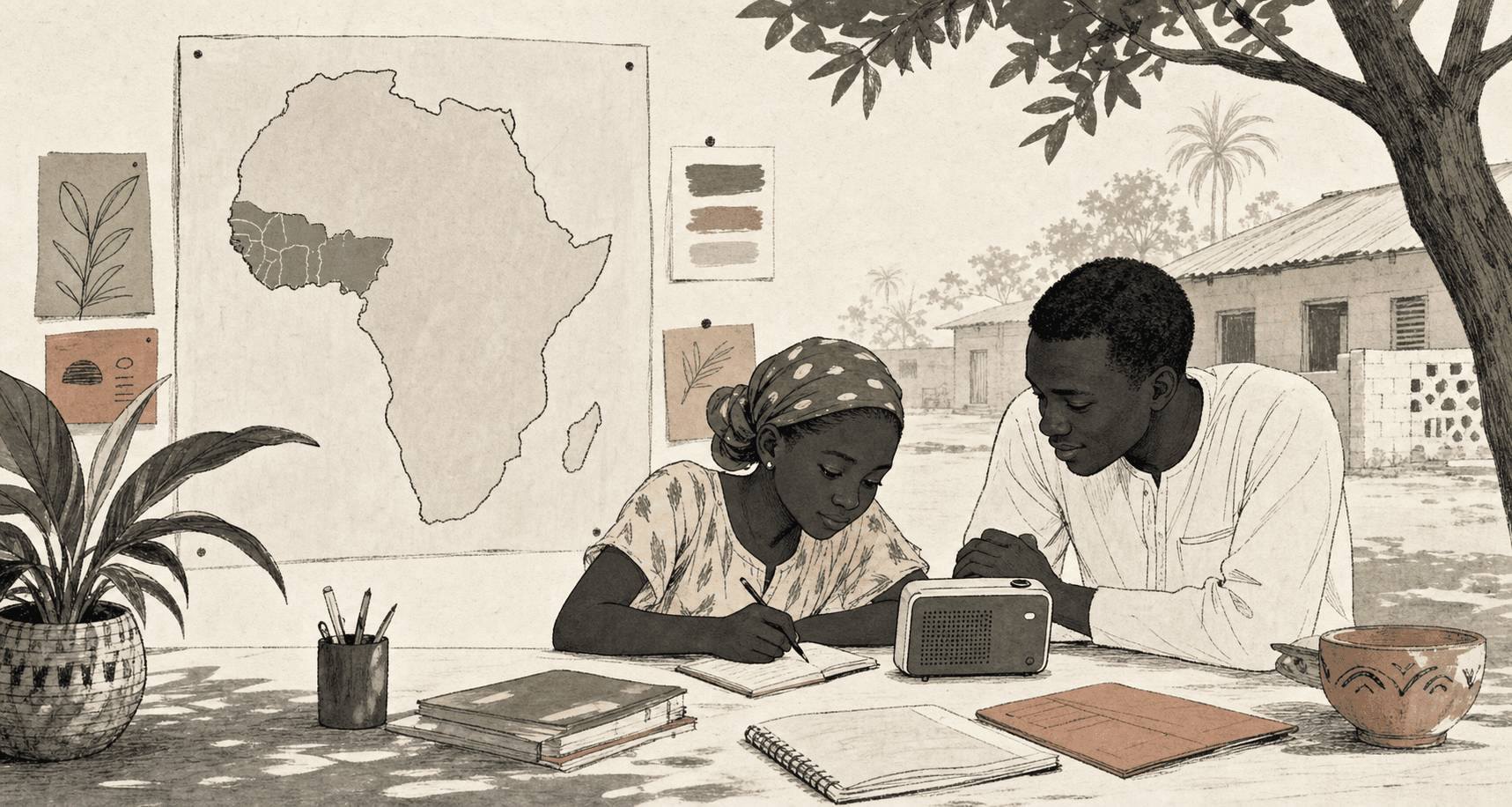 Notion-style illustration of a student and mentor learning beside a low-cost device, with Africa and West Africa on a wall map.
